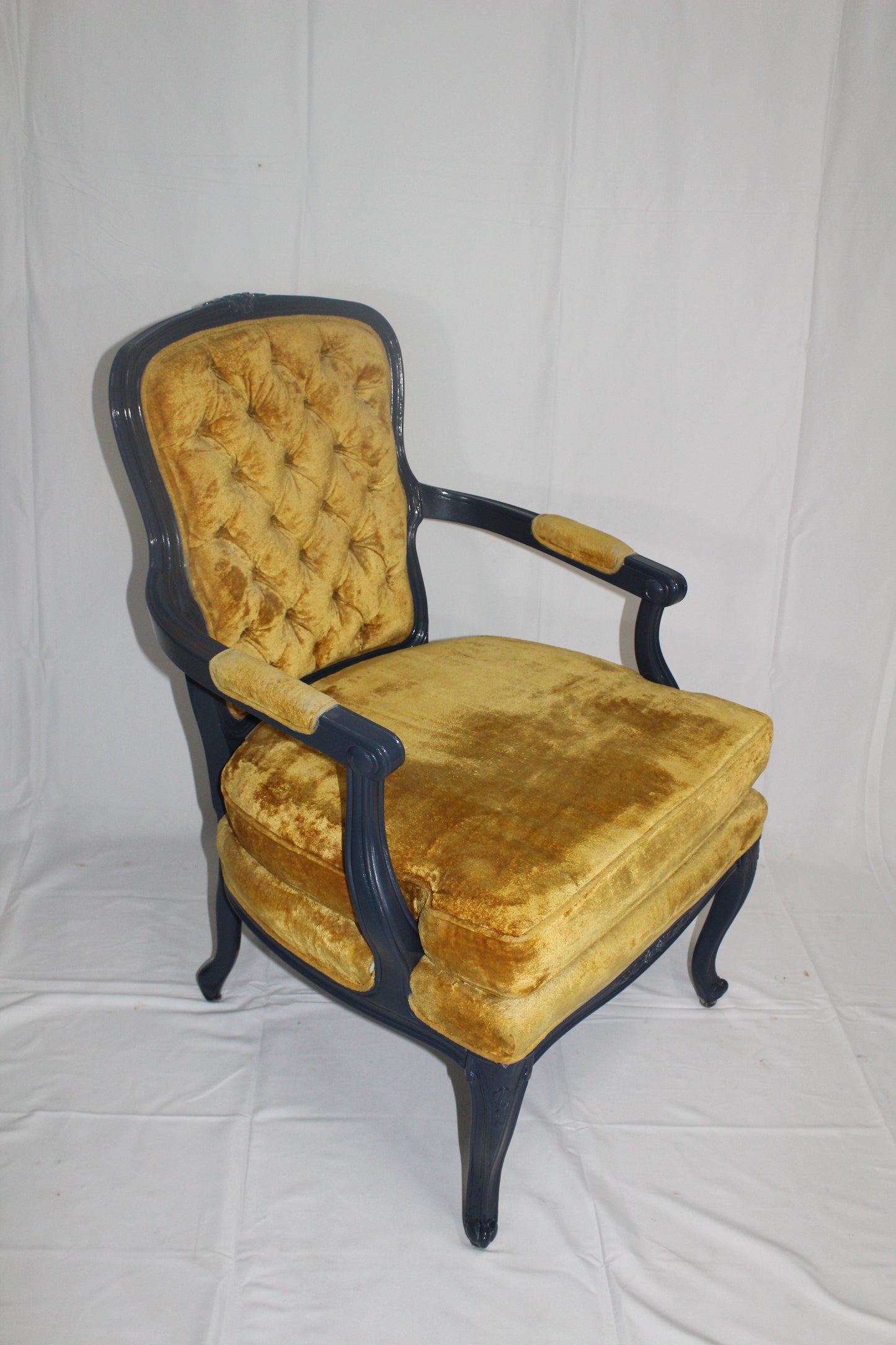 Refinished Antique Chair Navy Blue High Gloss Finish, Yellow Upholstery - Eight Corners Co