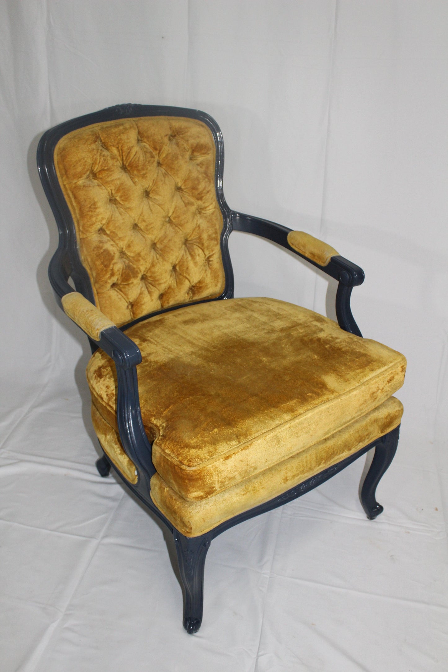 Refinished Antique Chair Navy Blue High Gloss Finish, Yellow Upholstery - Eight Corners Co