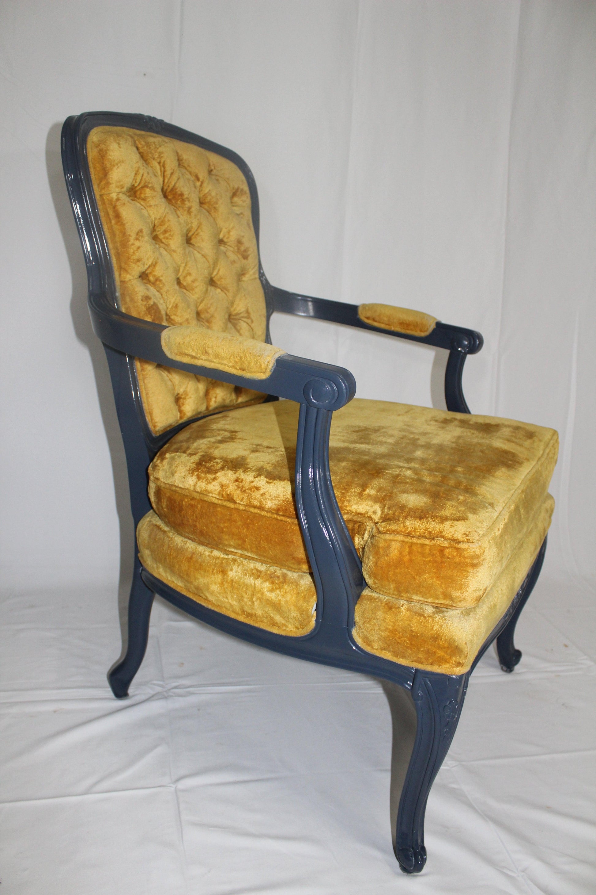 Refinished Antique Chair Navy Blue High Gloss Finish, Yellow Upholstery - Eight Corners Co