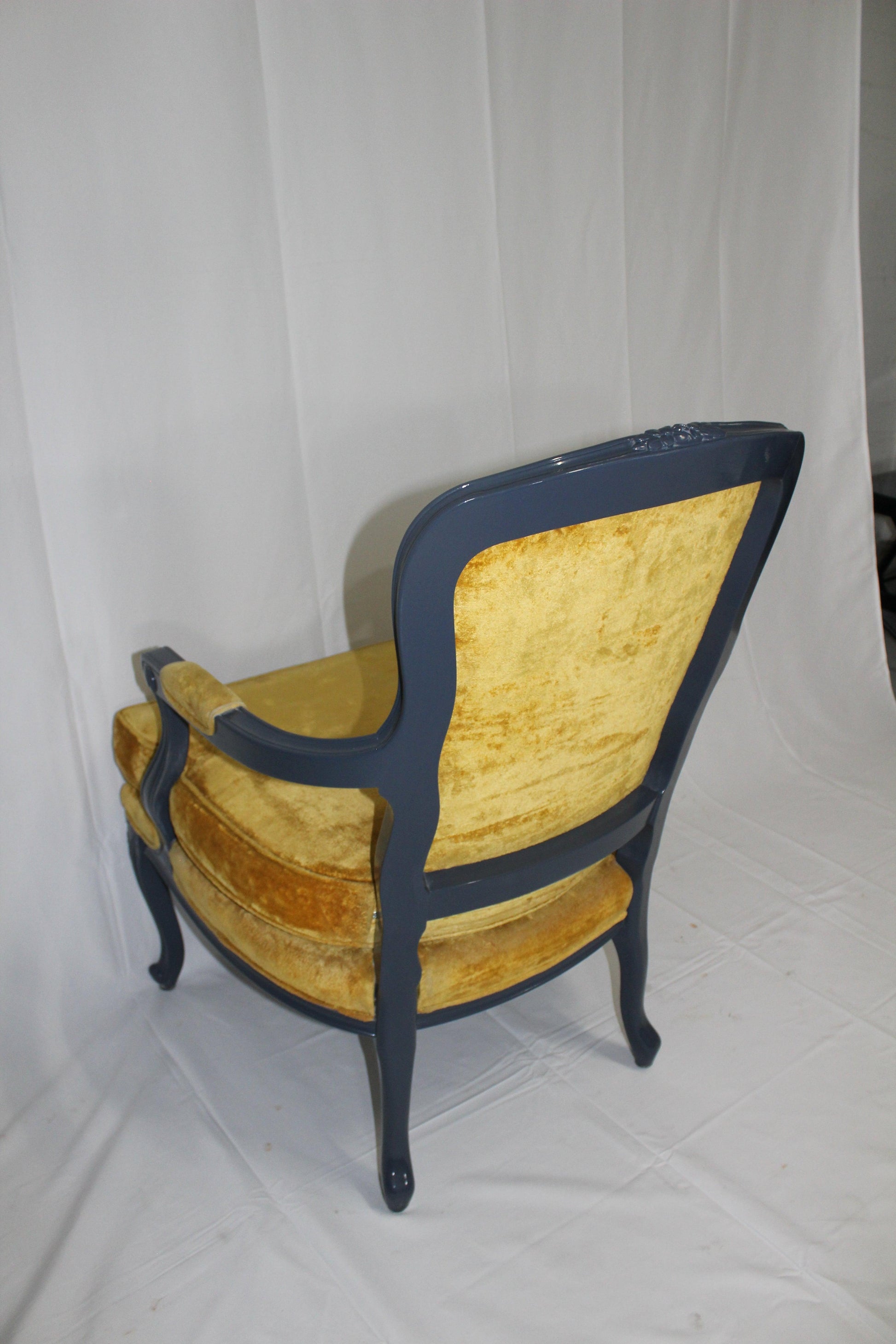 Refinished Antique Chair Navy Blue High Gloss Finish, Yellow Upholstery - Eight Corners Co