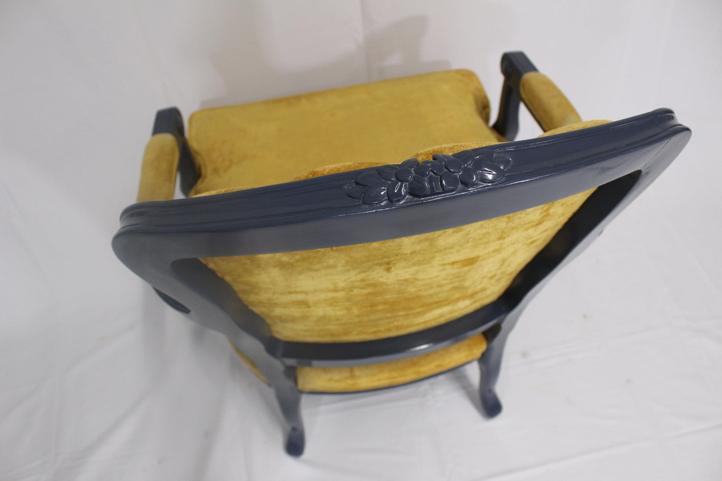 Refinished Antique Chair Navy Blue High Gloss Finish, Yellow Upholstery - Eight Corners Co