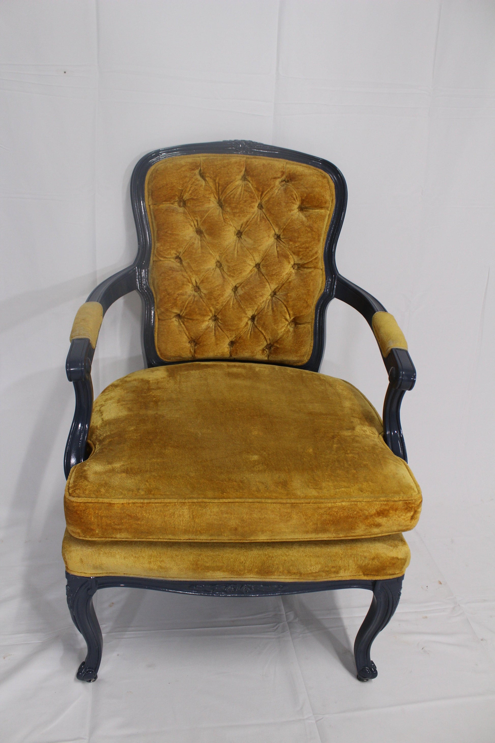 Refinished Antique Chair Navy Blue High Gloss Finish, Yellow Upholstery - Eight Corners Co