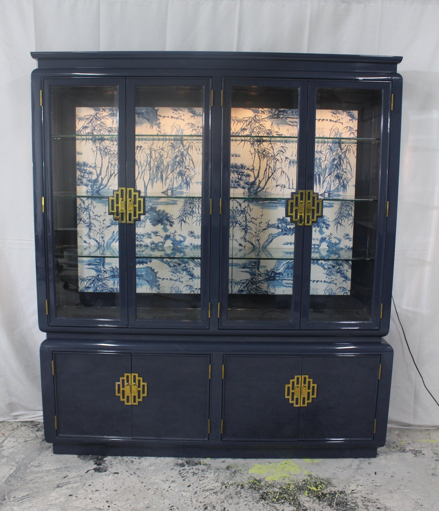 Mid 20th Century Mid-Century Refinished High Gloss Custom Navy Blue China Cabinet With Lights - Eight Corners Co