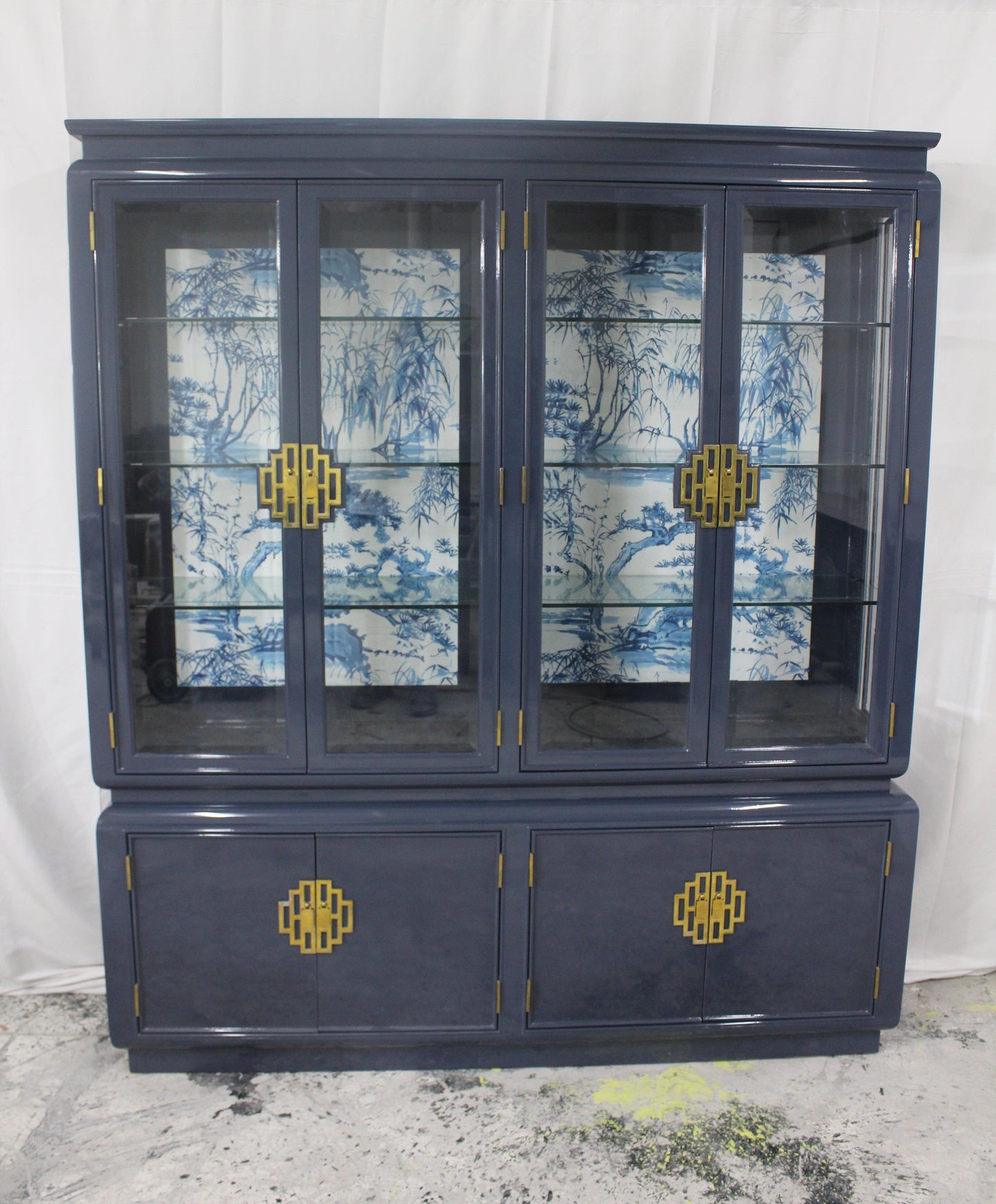 Mid 20th Century Mid-Century Refinished High Gloss Custom Navy Blue China Cabinet With Lights - Eight Corners Co
